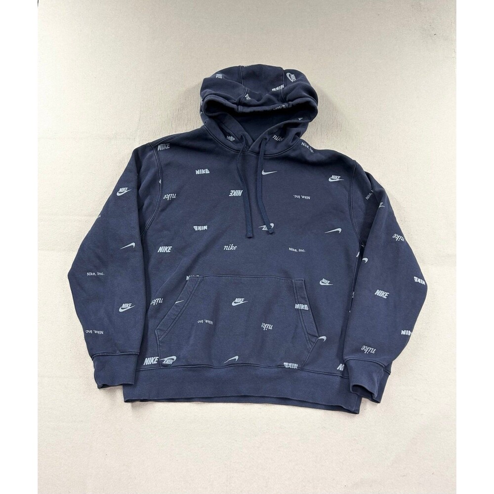 Nike Hoodie Mens Blue Large All Over Print Pullover Sportswear Logo Swoosh
